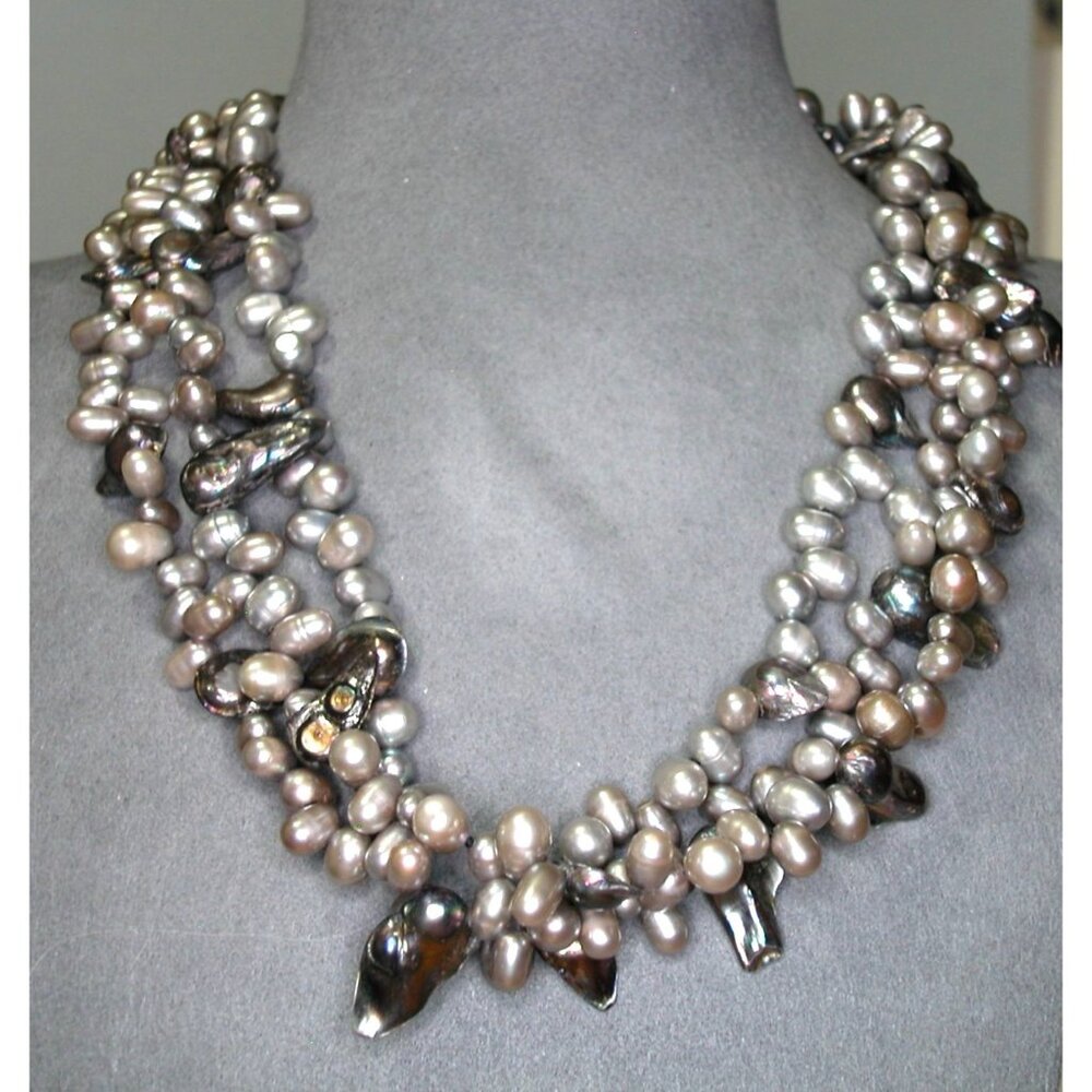 Necklace Silver Freshwater Pearl W/ Abalone Shell Chips 18" 4.3 Oz